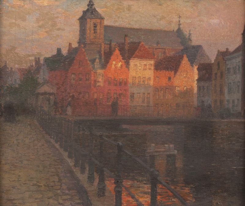 Quai de la Paille à Bruges de Paul Steck, óleo sobre lienzo, que representa un paisaje de canal tranquilo
