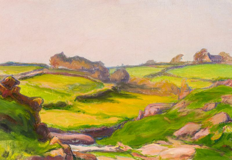 Campo em Janowiec de Władysław Ślewiński, óleo sobre tela retratando uma paisagem exuberante com grama verde.