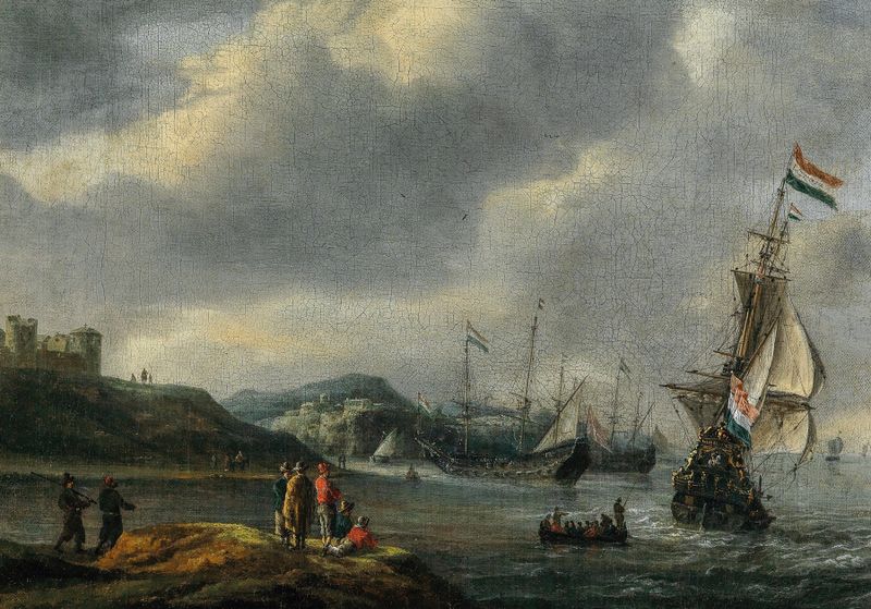 Barcos entrando en un puerto, óleo sobre lienzo de Reinier Nooms