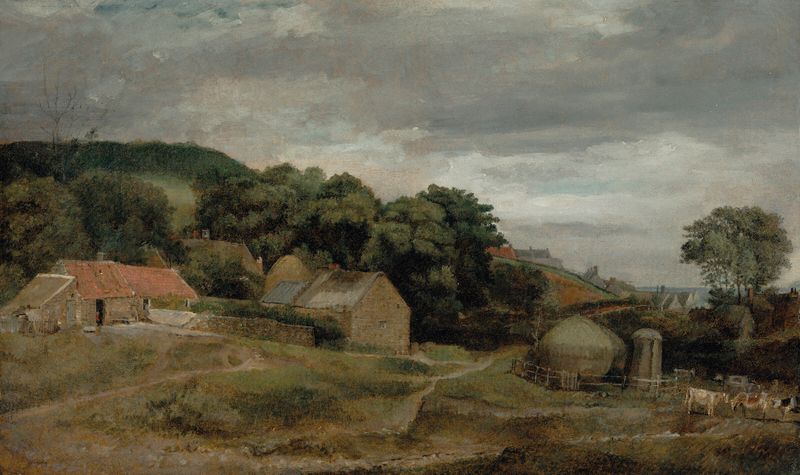 Landscape oil painting by Sir David Wilkie featuring rolling hills and soft greens.