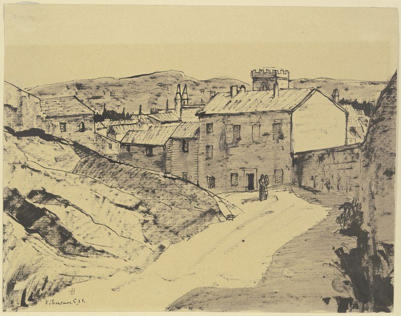 Calle en Villeneuve de Hermann Lismann, óleo sobre lienzo, que representa un pueblo con adoquines y una iglesia.
