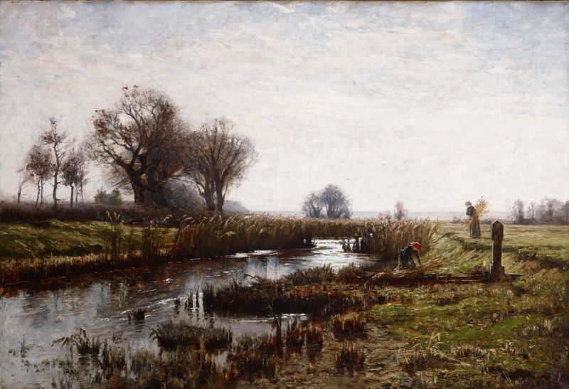 Late Afternoon, Dachau Moor by Theodore Clement Steele, impressionist oil painting of a moor with golden light.