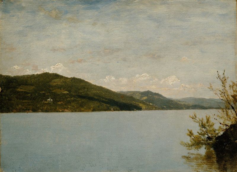 Lake George, 1872 de John Frederick Kensett, pintura al óleo de un lago sereno y cielo.