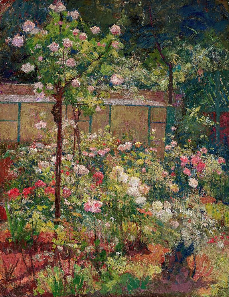 Jardin en Fleurs by Robert William Vonnoh, oil painting depicting a vibrant garden filled with colorful flowers.