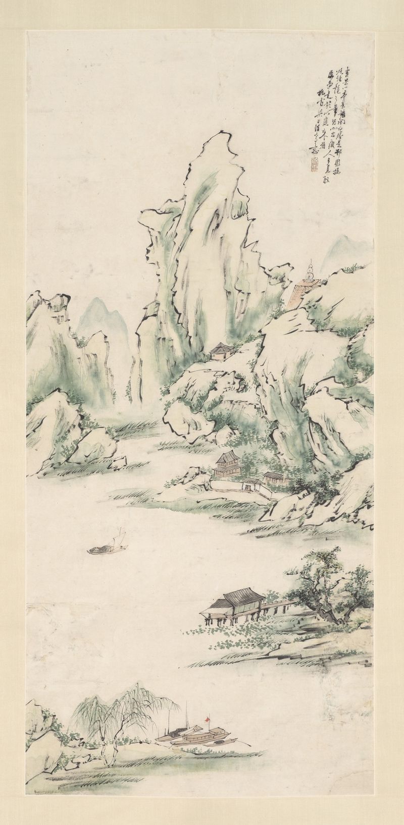 Snowscape de Liang Yuwei, que representa un sereno paisaje nevado con árboles, pintura al óleo