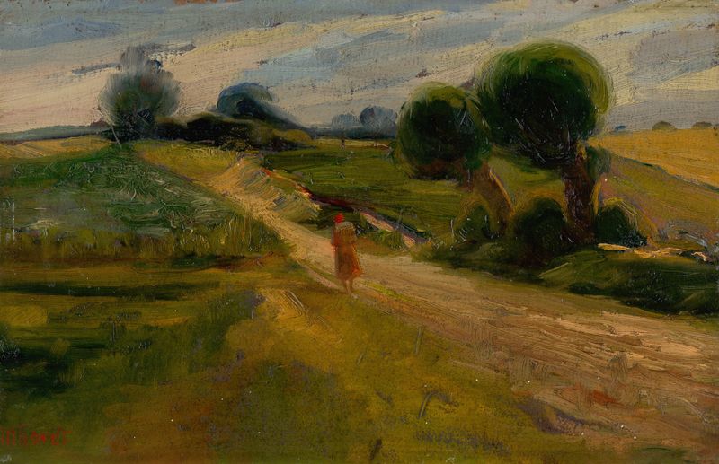 Landscape by Ľudovít Pitthordt, depicting dusk with soft gradients and trees, unknown medium.