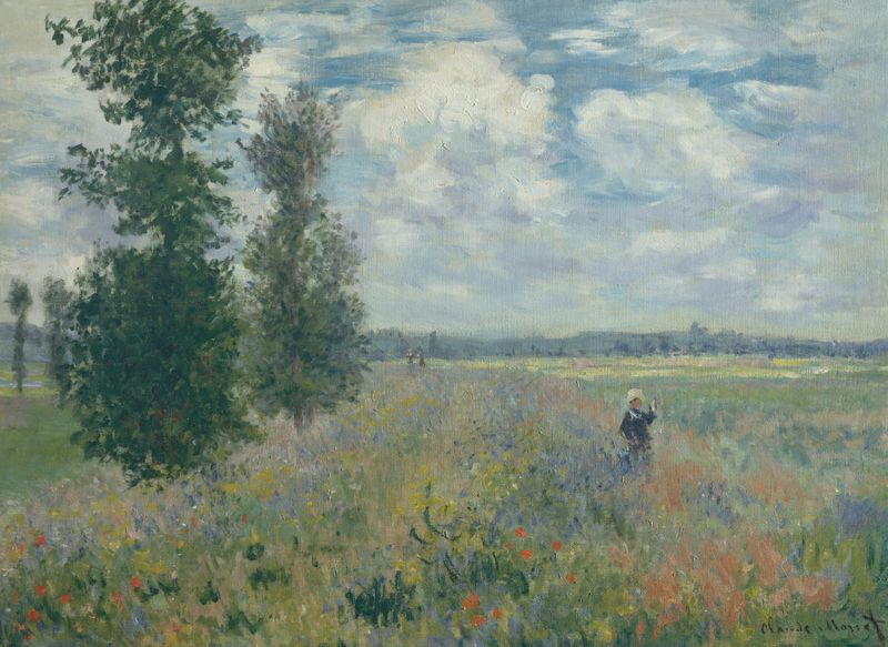 Campos de Amapolas cerca de Argenteuil de Claude Monet, óleo sobre lienzo, flores rojas vibrantes en un paisaje