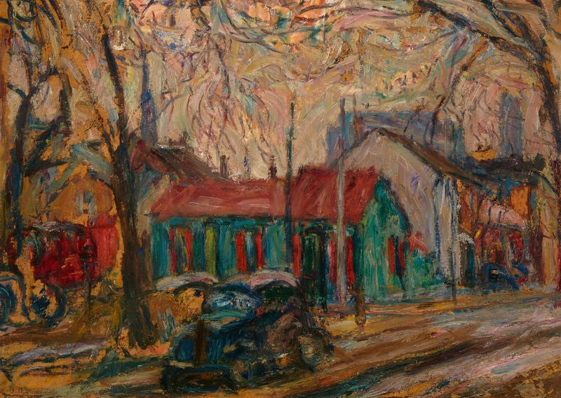 Quiet Street by Abraham Manievich, oil on canvas depicting a serene street scene with soft light.