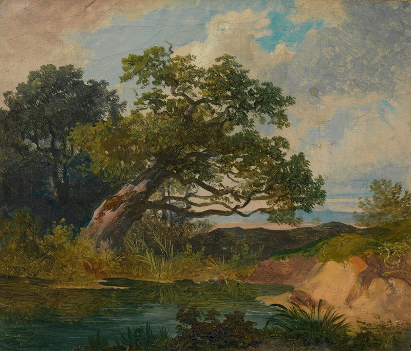 Landschaftsstudie de Unknown Artist, pintura a óleo mostrando colinas e céu serenos