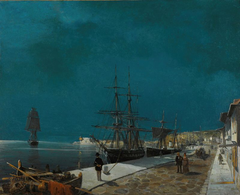 Harbour By Night, oil on canvas by Konstantinos Volanakis depicting a twilight harbor with boats.