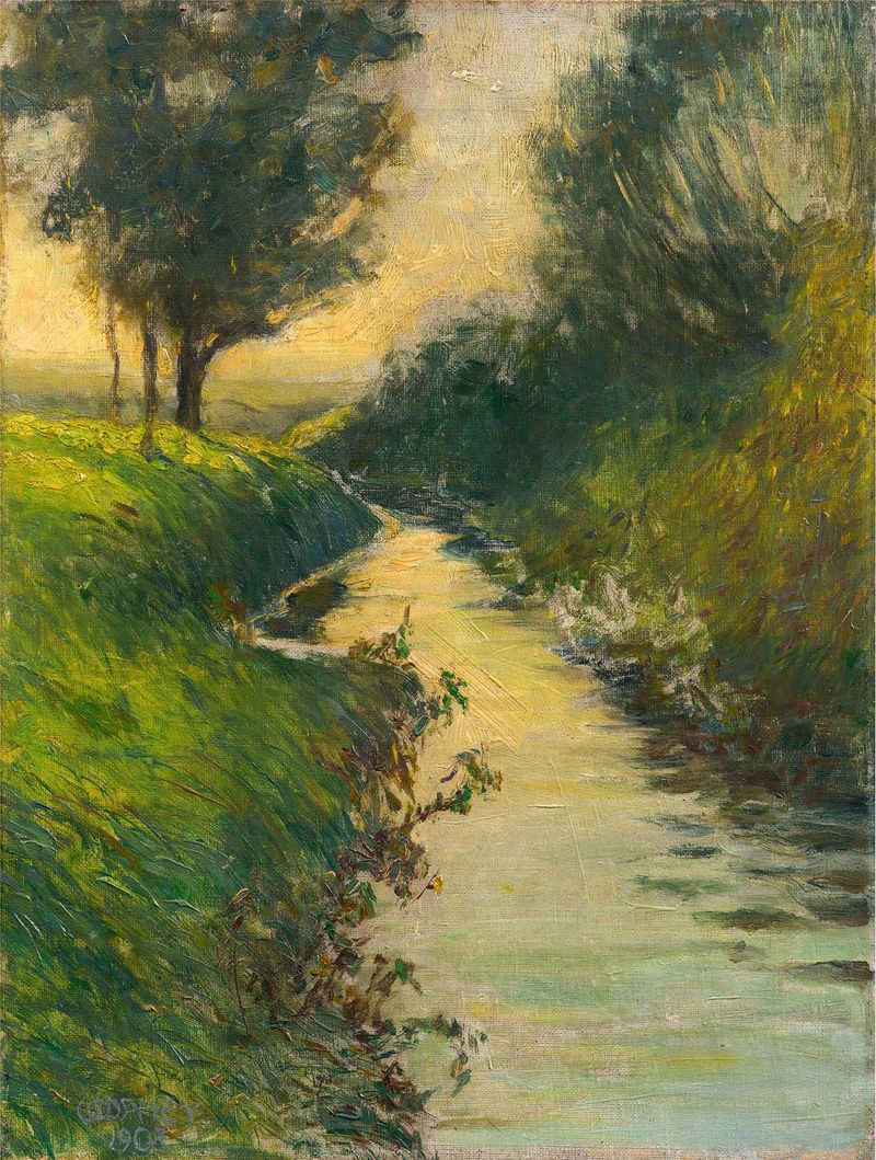 Bachlauf am Abend by Walter Ophey, impressionism, depicting a tranquil twilight landscape with a winding stream.