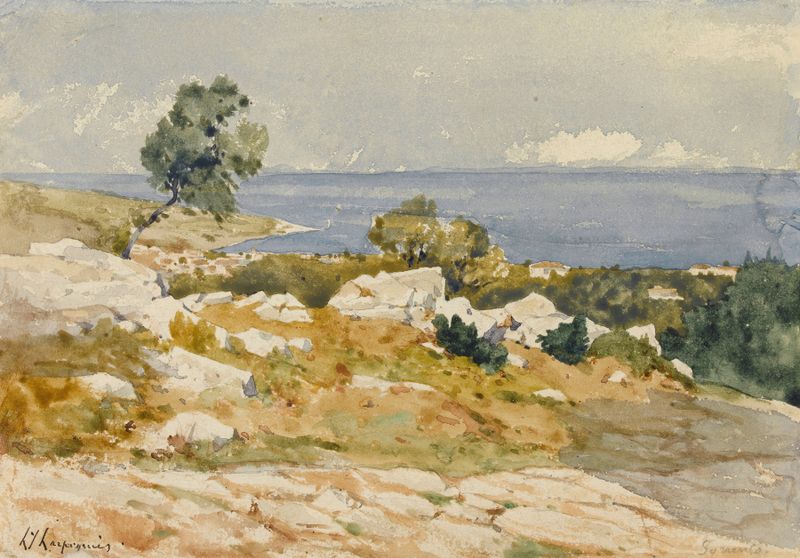 Vue de la mer à Sorrento de Henri-Joseph Harpignies, óleo impresionista de una vista marina tranquila.