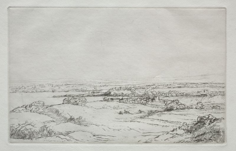 Paisaje que muestra una pradera y un lago al atardecer, óleo de Alphonse Legros