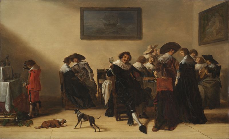 A Merry Company in an Interior, óleo sobre panel de Anthonie Palamedesz, con figuras elegantemente vestidas en conversación.