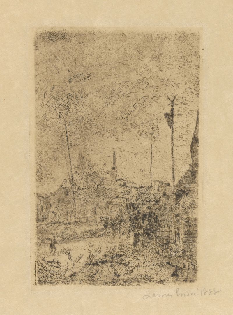 Obra figurativa de James Ensor, pintura a óleo intitulada Hutten, apresentando uma figura encapuzada nas sombras.