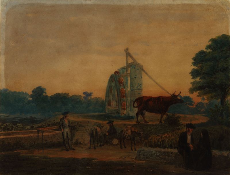 Pintura al óleo de paisaje por Prilidiano Pueyrredòn con una gran noria y un río