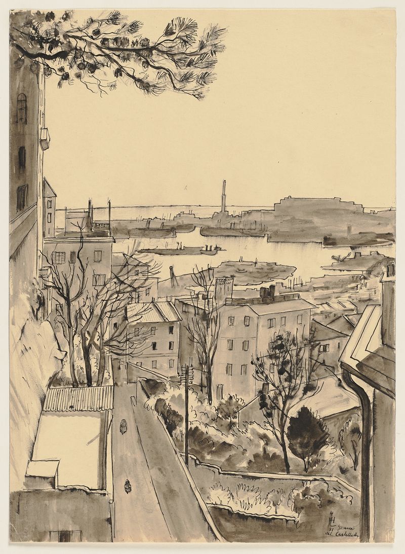 Paisaje de Genua con mar y ciudad, óleo de Hermann Lismann