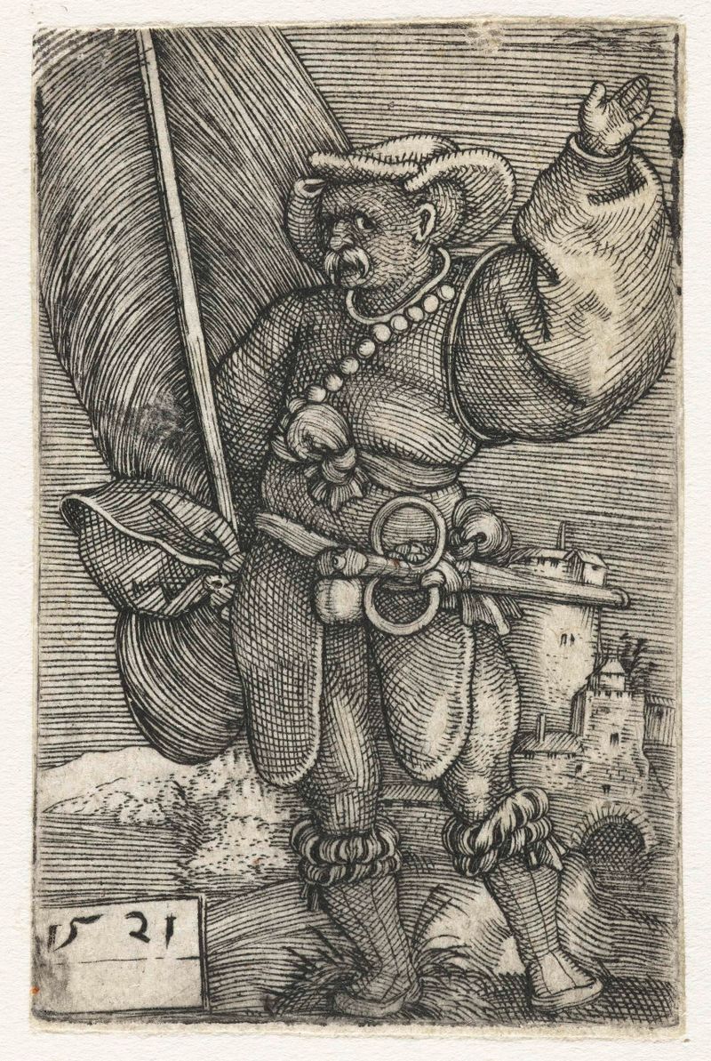 Engraving by Barthel Beham of a figure holding a banner, illuminated by soft light.