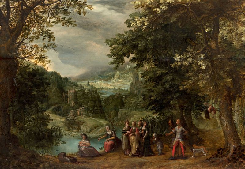 Moisés salvado de las aguas, óleo de Gillis van Coninxloo, que representa a Moisés entre juncos junto a un río.