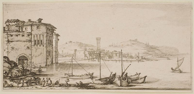 Grabado de Jacques Callot que muestra figuras cargando mercancías en un carro.