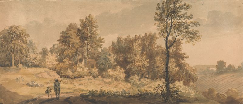 Rural Landscape de William Taverner, óleo que representa un campo sereno con campos y nubes.