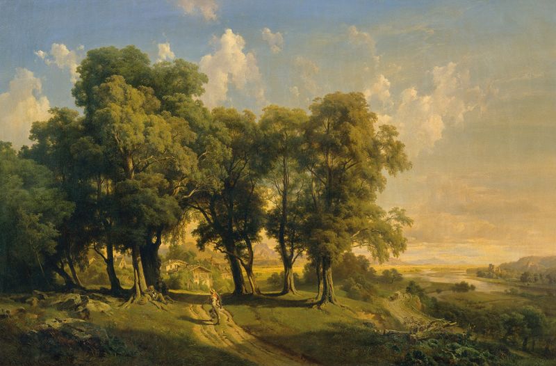 Paisaje de crepúsculo con árboles en silueta, óleo sobre lienzo de Anton Hansch