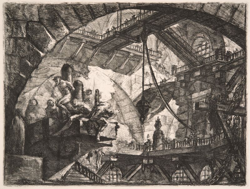 Prisoners on a Projecting Platform, etching by Giovanni Battista Piranesi showing figures in confinement.