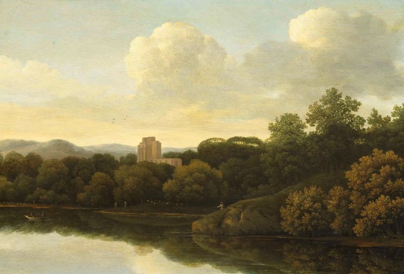 Paisagem arborizada com rio, óleo sobre painel de Johan de Lagoor