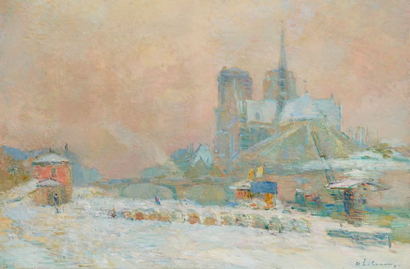 Landscape of Notre Dame de Paris in snow by Albert Lebourg, oil painting