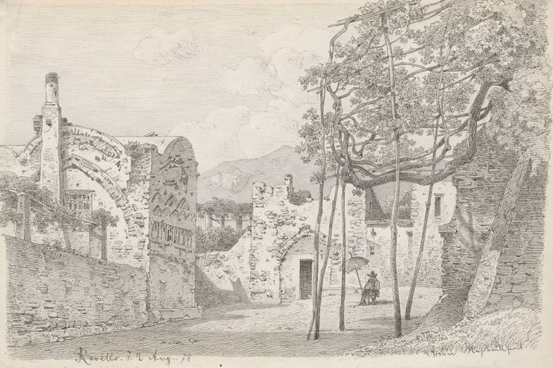 Acuarela de Arthur Blaschnik que muestra un paisaje con ruinas y naturaleza.