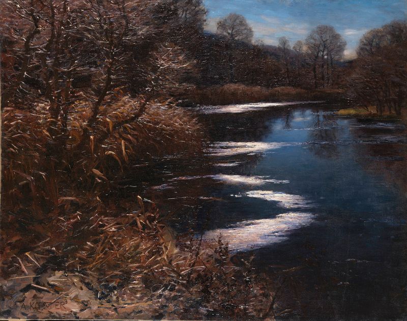 Paisaje de Der Weiher de Alexander Koester, óleo sobre lienzo que muestra agua tranquila y vegetación.
