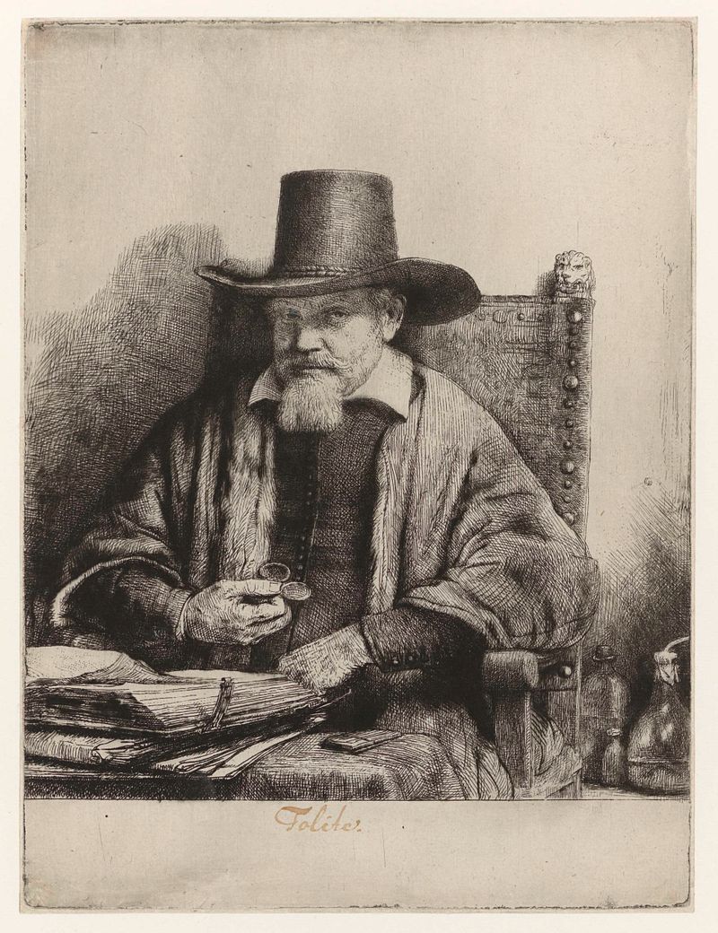Gravura de Rembrandt van Rijn mostrando Arnout Tholinx lendo com óculos.