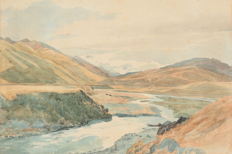 River Clarence de James Crowe Richmond, pintura a óleo que retrata uma serena paisagem fluvial com reflexos.