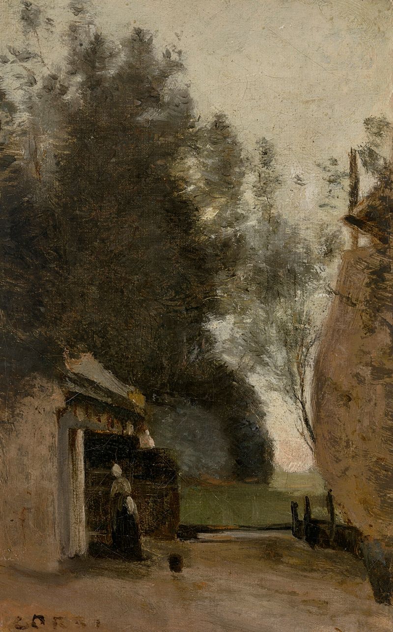 Pintura al óleo de Jean-Baptiste-Camille Corot que representa una granja junto a un río