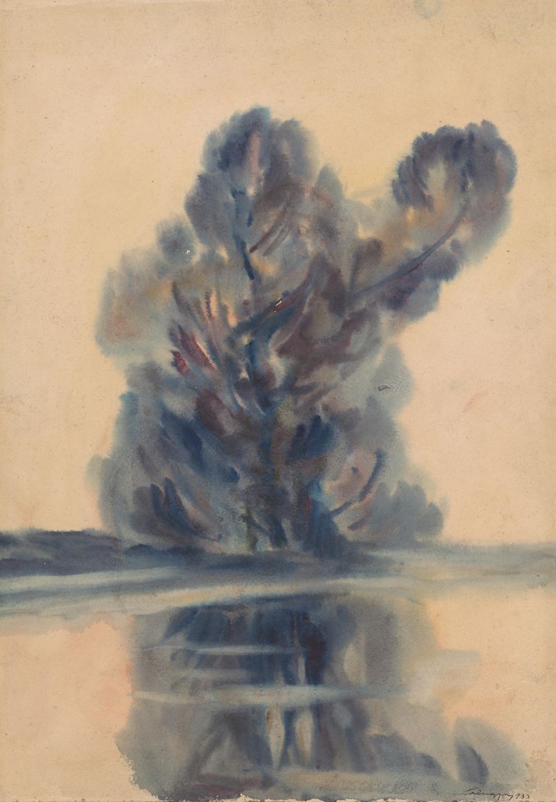 Pintura al óleo de Post-Impresionismo de Zolo Palugyay con un árbol azul sobre un lago