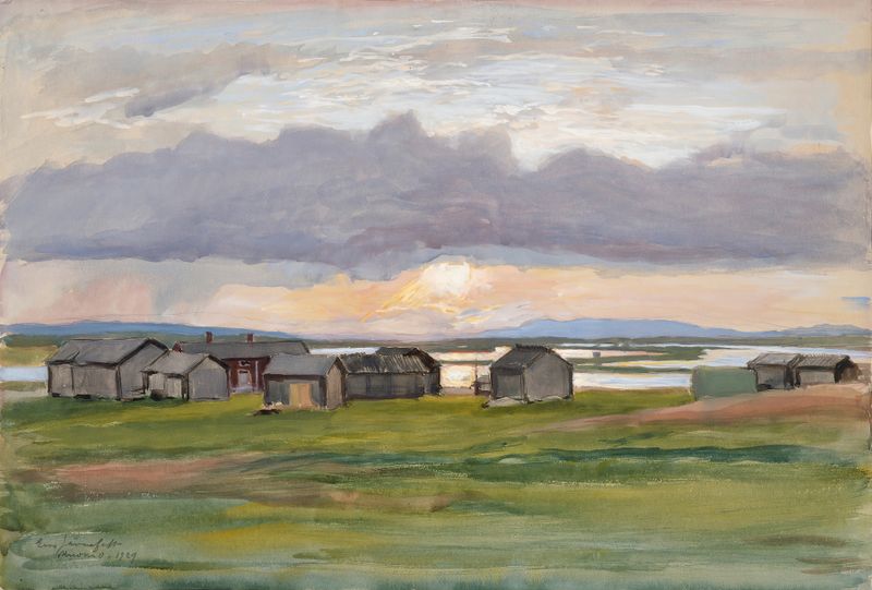Paisagem com edifícios na luz dourada de Eero Järnefelt, 1929
