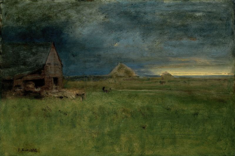 Pintura a óleo de George Inness retratando uma fazenda em uma paisagem tranquila.