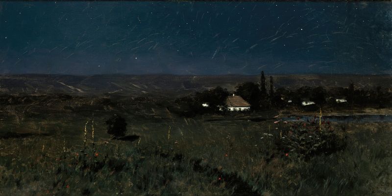 Noche Ucraniana de Stanisław Witkiewicz, óleo sobre lienzo que representa un paisaje oscuro con colinas distantes.