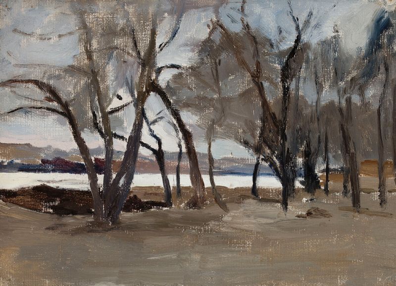 Paisaje invernal de Jan Ciągliński, óleo sobre lienzo, que representa un parque nevado y tranquilo.