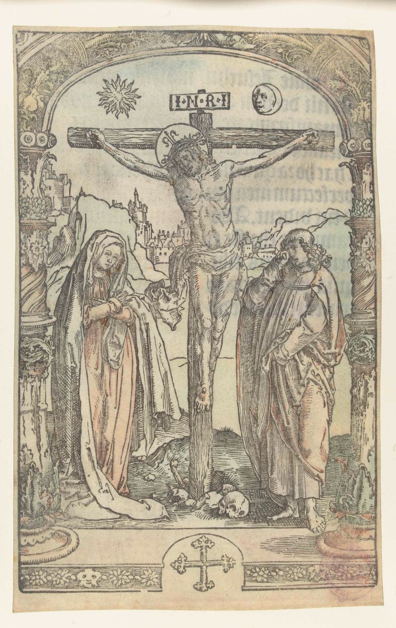 Grabado de Lucas van Leyden que representa a Cristo crucificado con luz y sombra dramáticas.