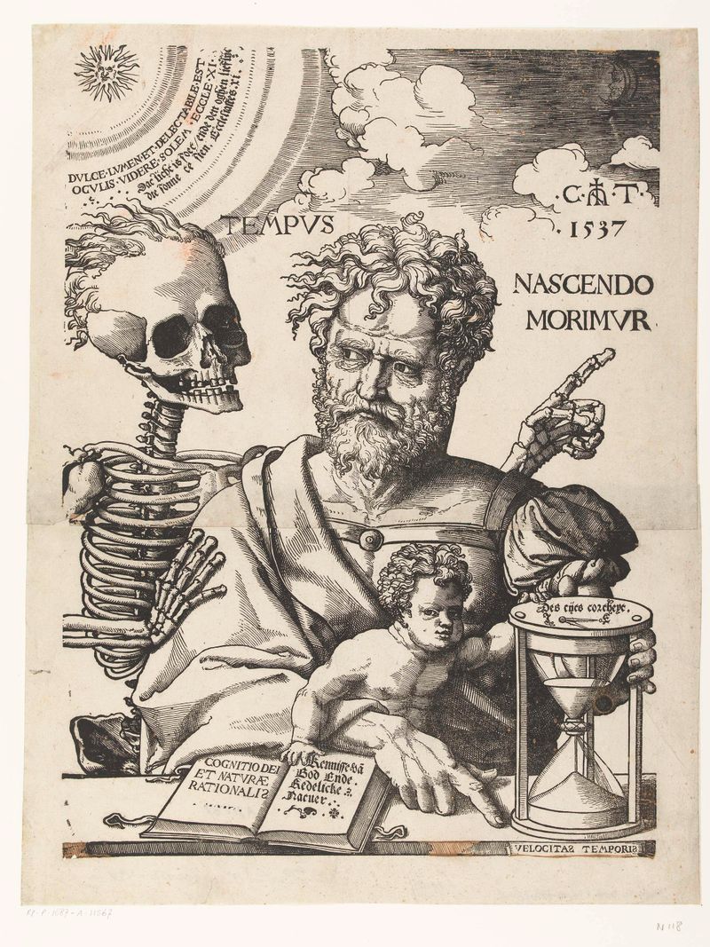 Naturaleza muerta con calavera, flores marchitas y reloj de arena de Cornelis Anthonisz, óleo sobre panel