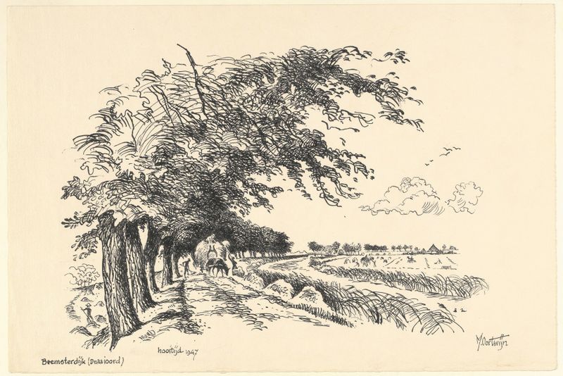 Pintura a óleo de paisagem de Maarten Oortwijn mostrando colinas e campos holandeses em 1947