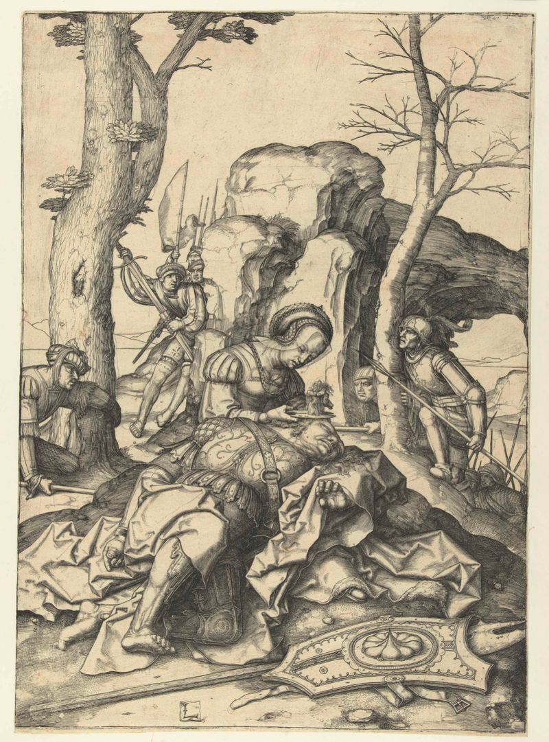 Gravura de Lucas van Leyden retratando Sansão e Dalila com luz dourada.