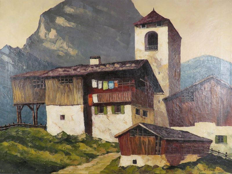Tiroler Bergdorf de Alois Pfund, óleo sobre tela, retrata uma aldeia de montanha com chalés na luz da manhã.