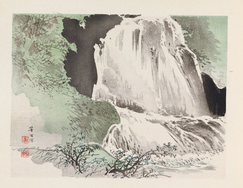 Paisagem com flores de cerejeira e colinas, tinta sobre papel de Unknown Artist