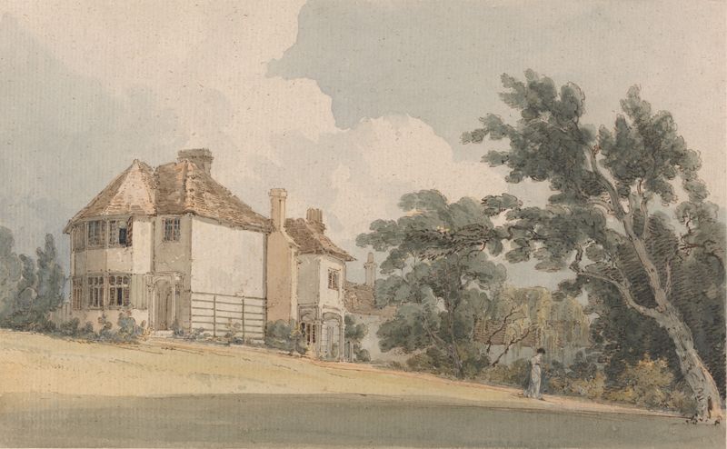 Country House de Thomas Girtin, pintura al óleo que representa un paisaje rural con una casa de campo.