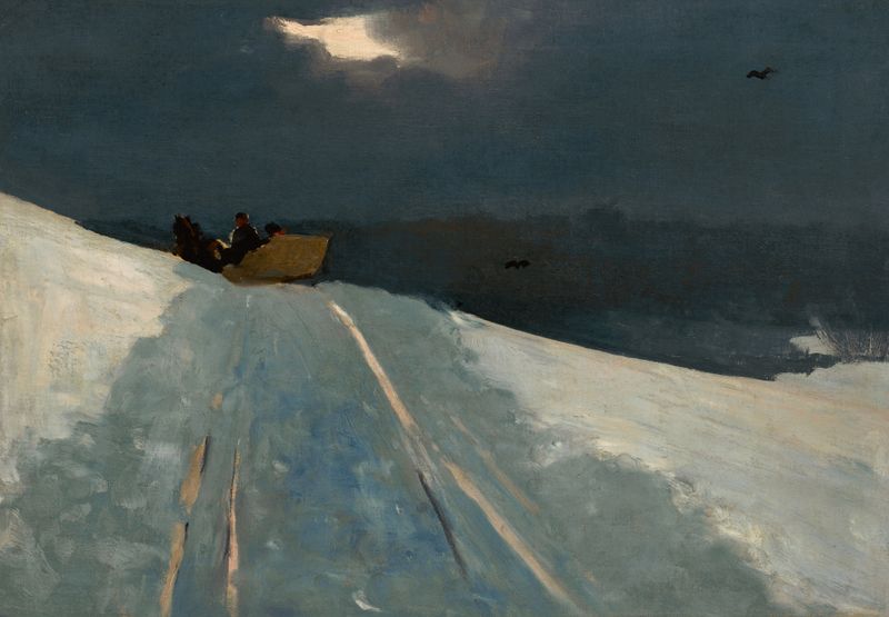 Sleigh Ride de Winslow Homer, óleo sobre lienzo que muestra caballos tirando de un trineo por la nieve