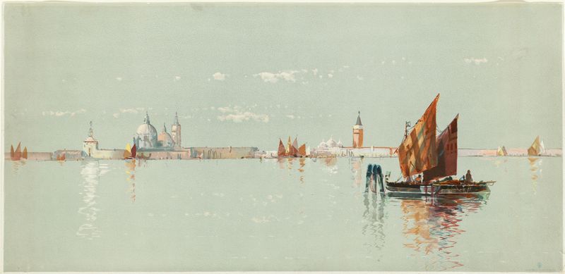 Paisaje marino veneciano de Louis Prang & Co., cromolitografía que representa agua y cielo tranquilos.