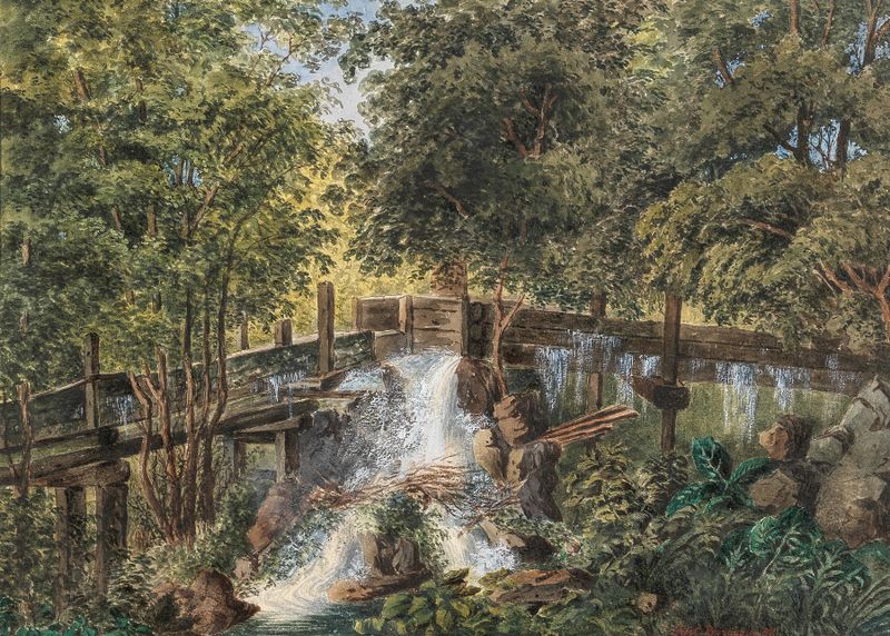 Landscape oil painting by Gustav Barbarini featuring a wooden ruin in a lush forest