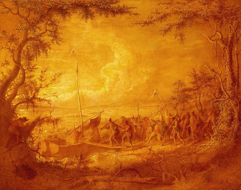 Historical scene with somber figures in dark hues by John Quidor, oil painting